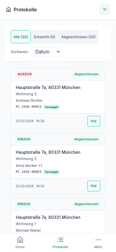 Protokollübersicht mit PDF-Download